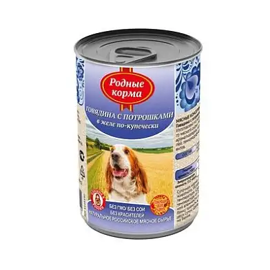 Родные корма консервы для собак, говядина с потрошками в желе по-купечески